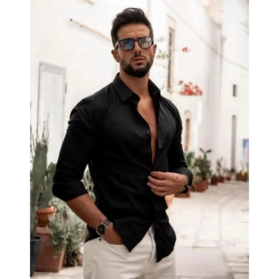 Trendy Black Cotton Blend Long Sleeves Solid Regular Fit Casual Shirt For Men