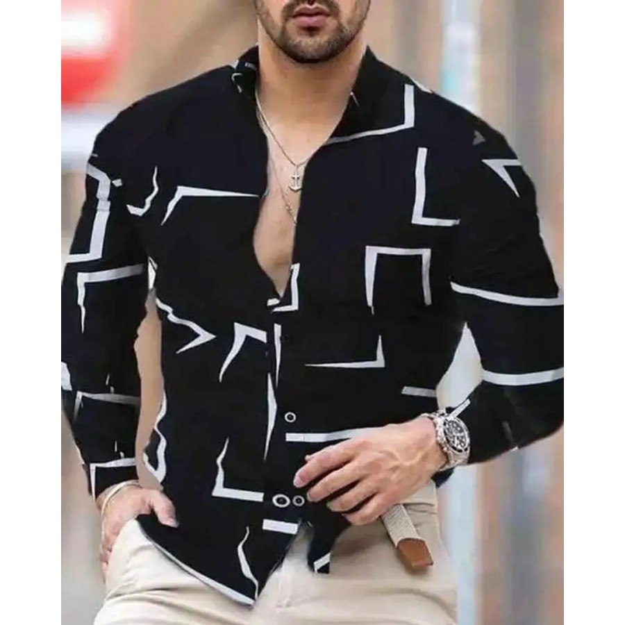 Trendy Black Cotton Long Sleeves Printed Regular Fit Casual Shirt For Men