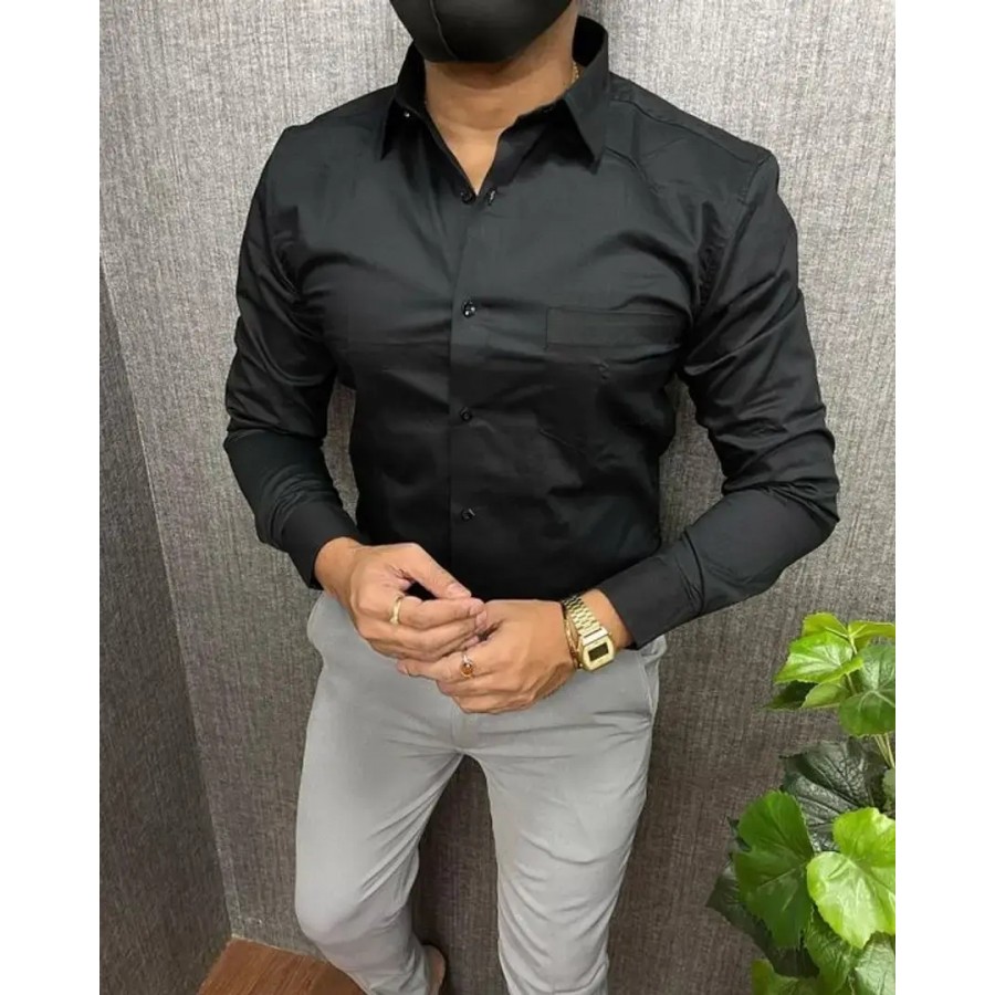 Trendy Black Cotton Long Sleeves Solid Regular Fit Casual Shirt For Men