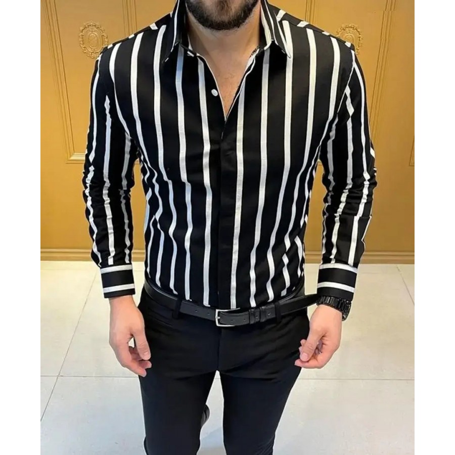 Trendy Black Cotton Long Sleeves Striped Regular Fit Casual Shirt For Men