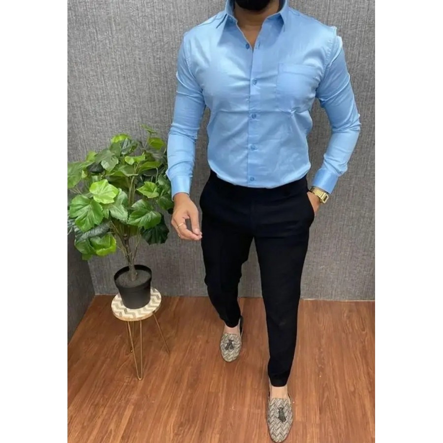 Trendy Blue Cotton Long Sleeves Solid Regular Fit Casual Shirt For Men