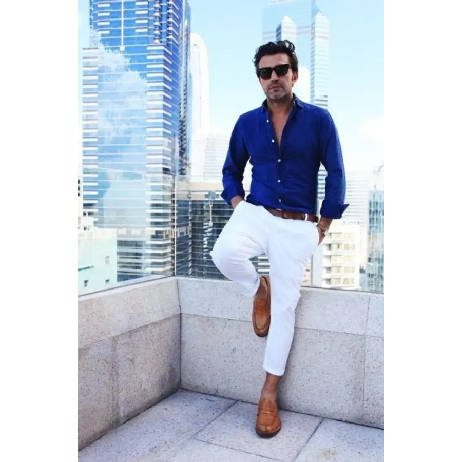 Trendy Blue Cotton Long Sleeves Solid Regular Fit Casual Shirt For Men