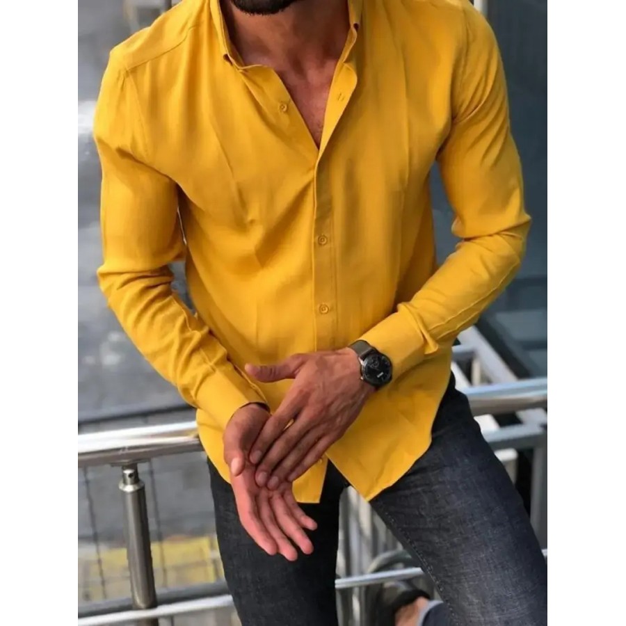 Trendy Golden Cotton Long Sleeves Solid Regular Fit Casual Shirt For Men