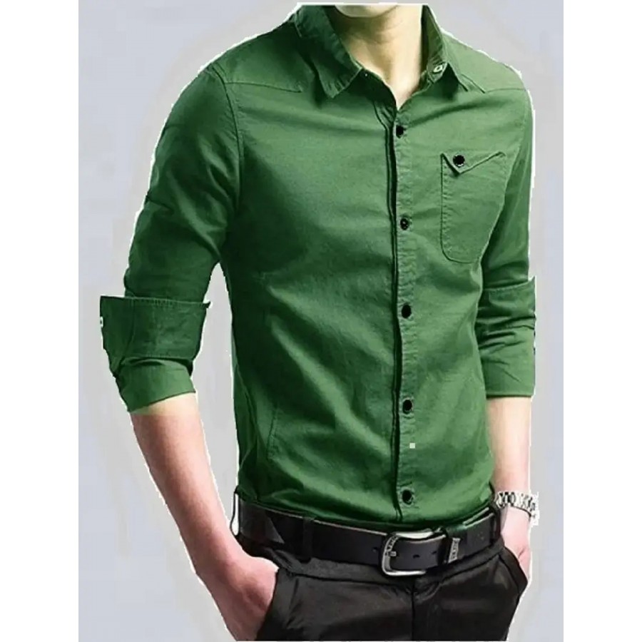 Trendy Green Cotton Long Sleeves Solid Regular Fit Casual Shirt For Men