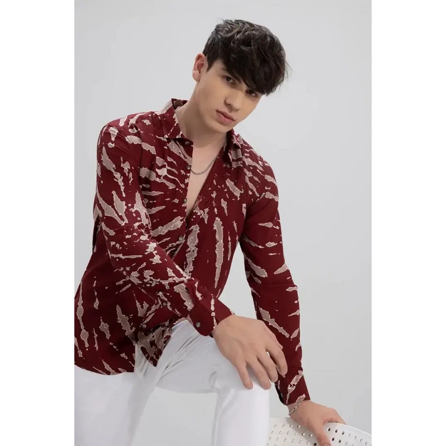 Trendy Maroon Polycotton Long Sleeves Printed Regular Fit Casual Shirt For Men