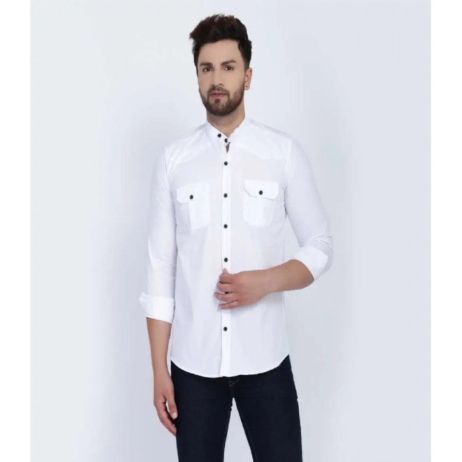 Trendy Men Double Pocket Cotton Blend Shirt for Men