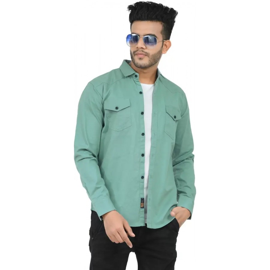 Trendy Men Double Pocket Cotton Blend Shirt for Men