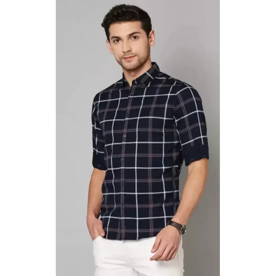 Trendy Navy Blue Cotton Long Sleeves Checked Regular Fit Casual Shirt For Men