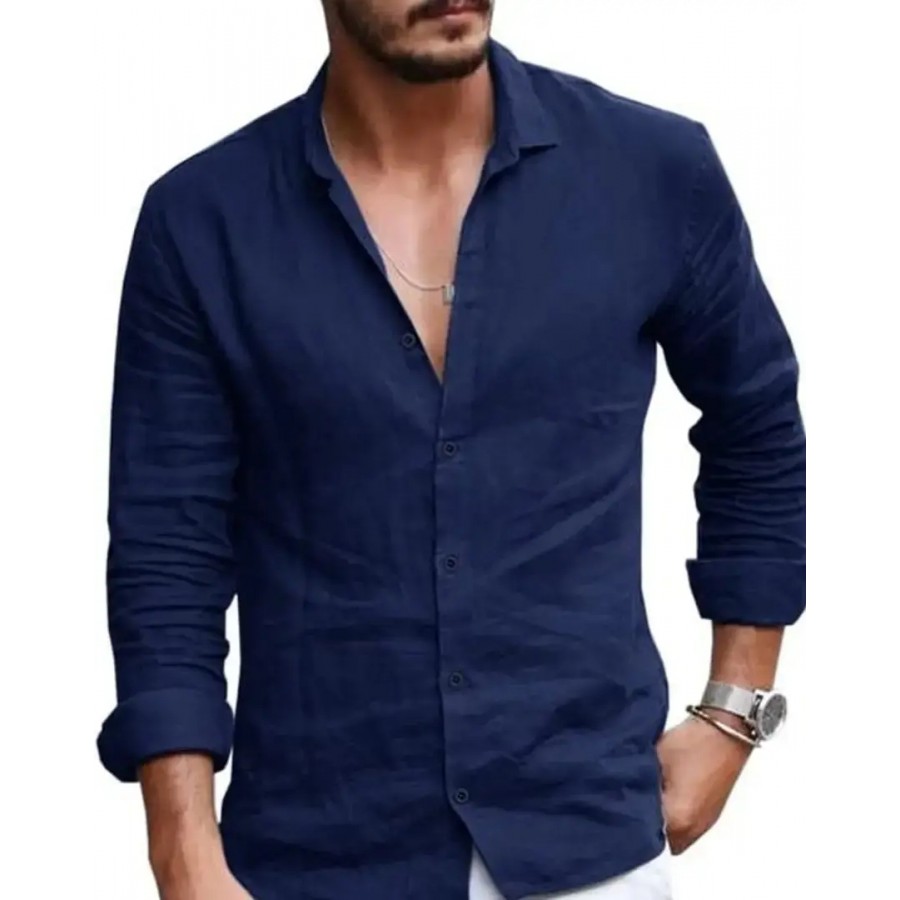 Trendy Navy Blue Cotton Long Sleeves Solid Regular Fit Casual Shirt For Men