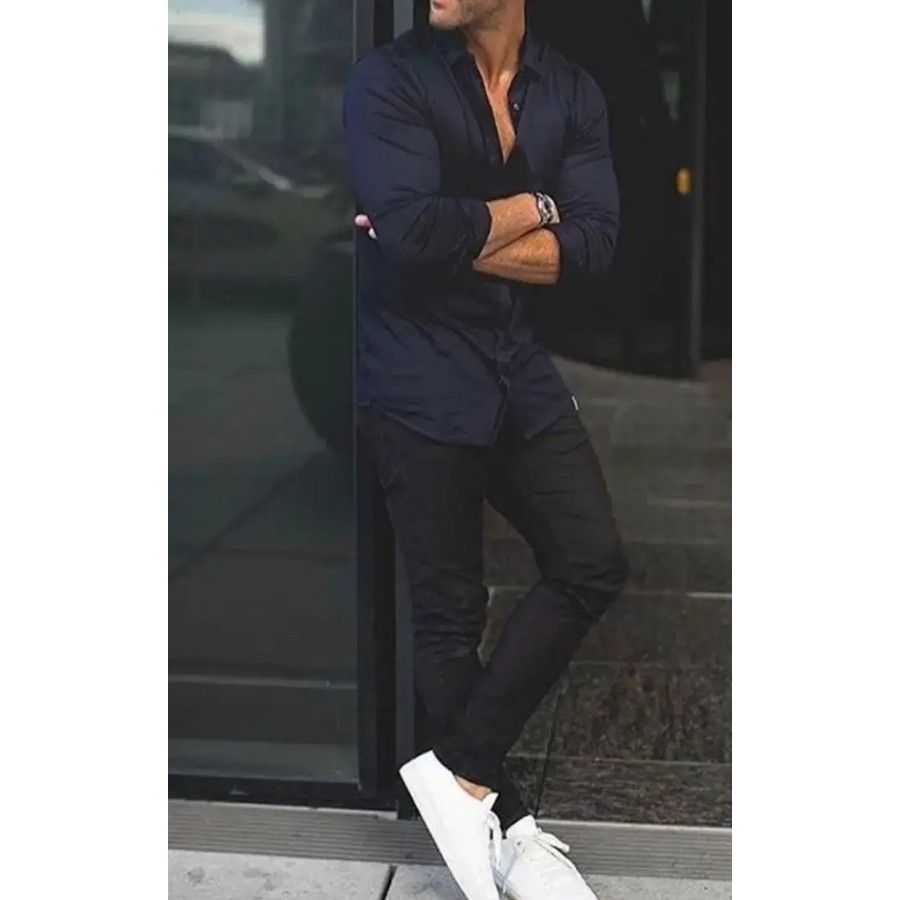 Trendy Navy Blue Cotton Long Sleeves Solid Regular Fit Casual Shirt For Men