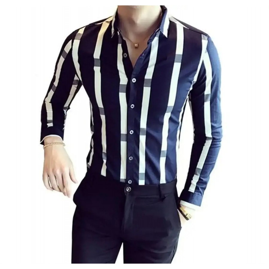 Trendy Navy Blue Polyester Long Sleeves Striped Regular Fit Casual Shirt For Men