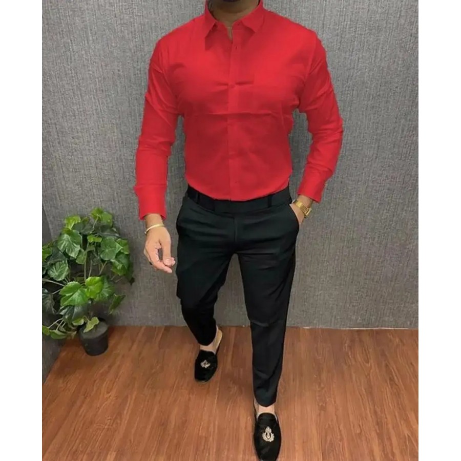 Trendy Red Cotton Long Sleeves Solid Regular Fit Casual Shirt For Men