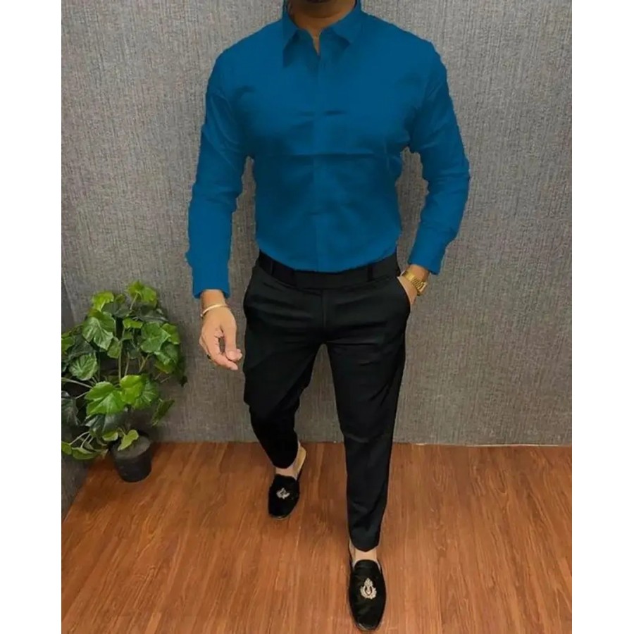 Trendy Teal Cotton Long Sleeves Solid Regular Fit Casual Shirt For Men