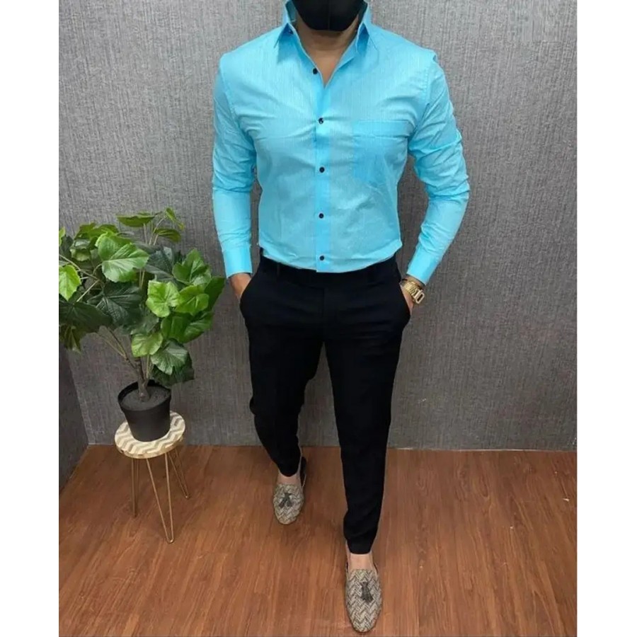 Trendy Turquoise Cotton Long Sleeves Solid Regular Fit Casual Shirt For Men