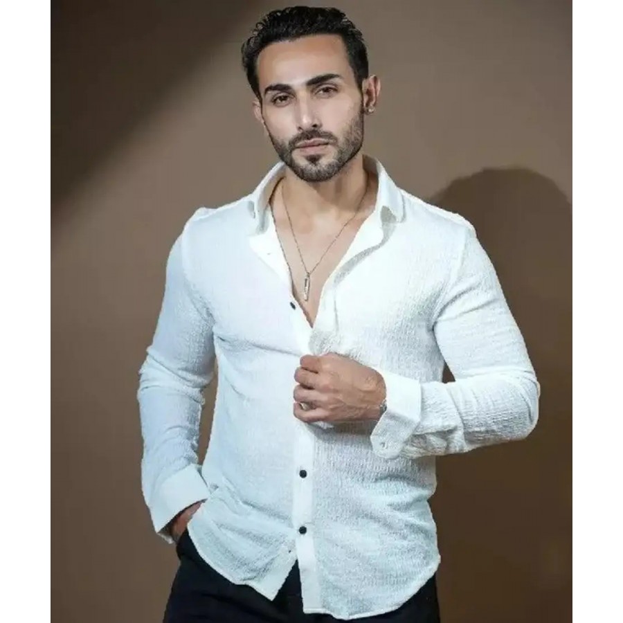 Trendy White Cotton Textured Regular Fit Long Sleeves Casual Shirt For Men