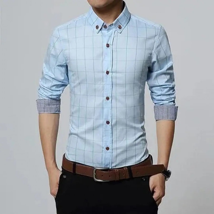 Turquoise Cotton Checked Casual Shirts For Men