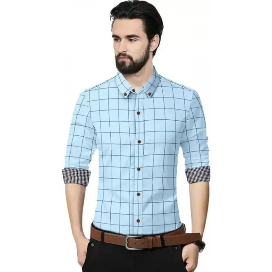 Turquoise Cotton Checked Casual Shirts For Men