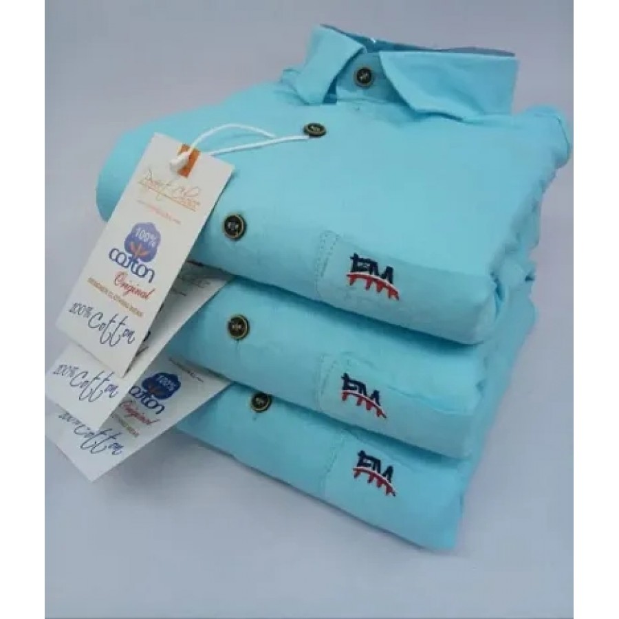 Turquoise Cotton Solid Casual Shirts For Men