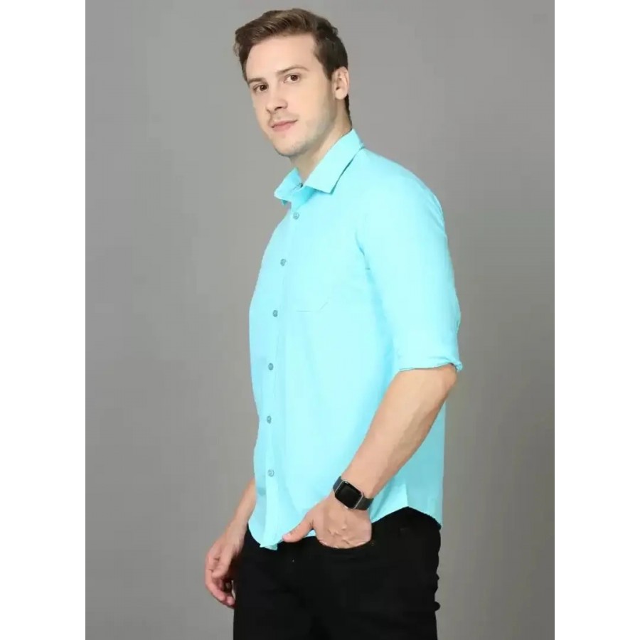 Turquoise Cotton Solid Casual Shirts For Men