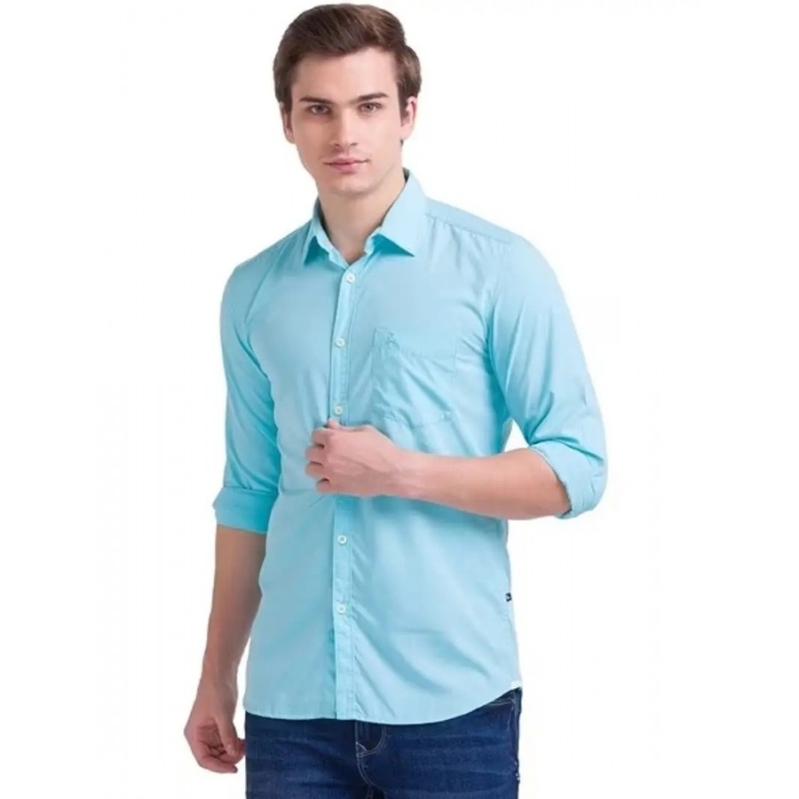 Turquoise Cotton Solid Casual Shirts For Men