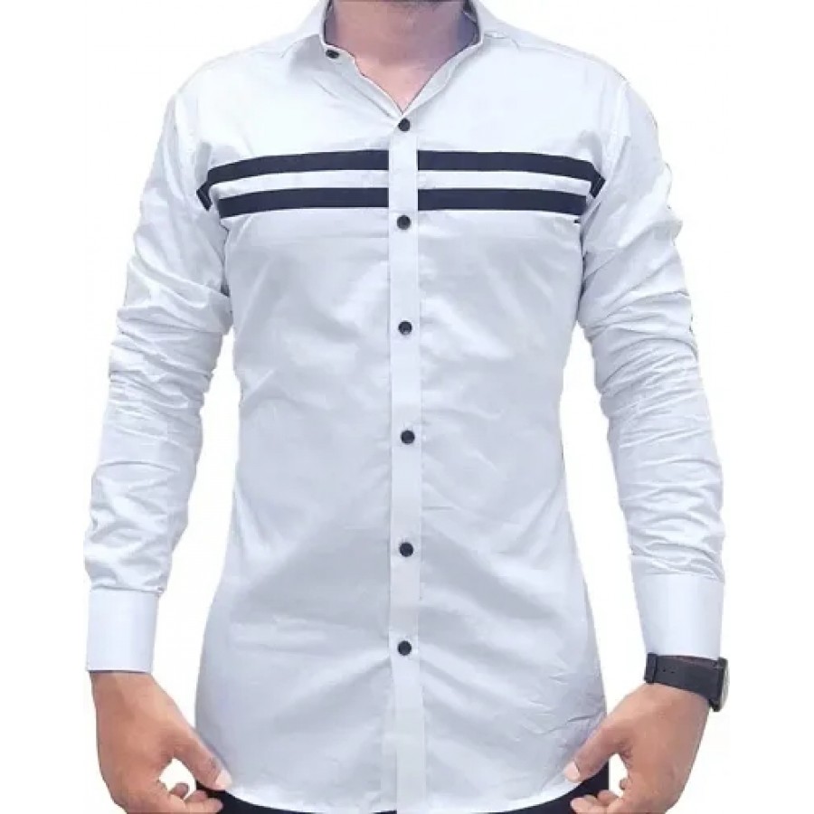 White Cotton Blend Self Pattern Casual Shirts For Men