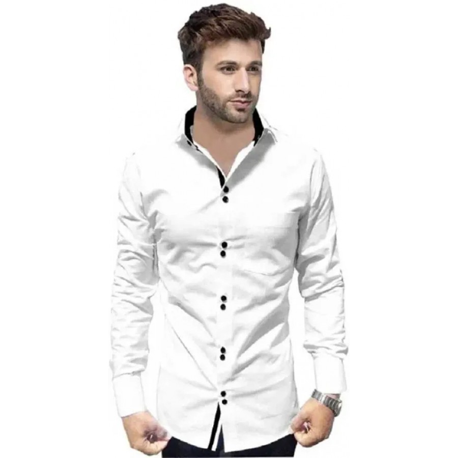 White Cotton Blend Solid Casual Shirts For Men