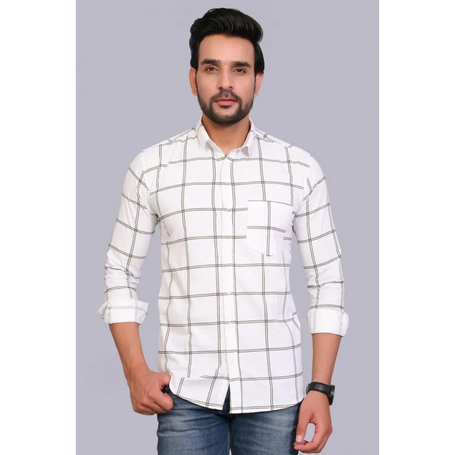 White Cotton Checked Casual Shirts For Men