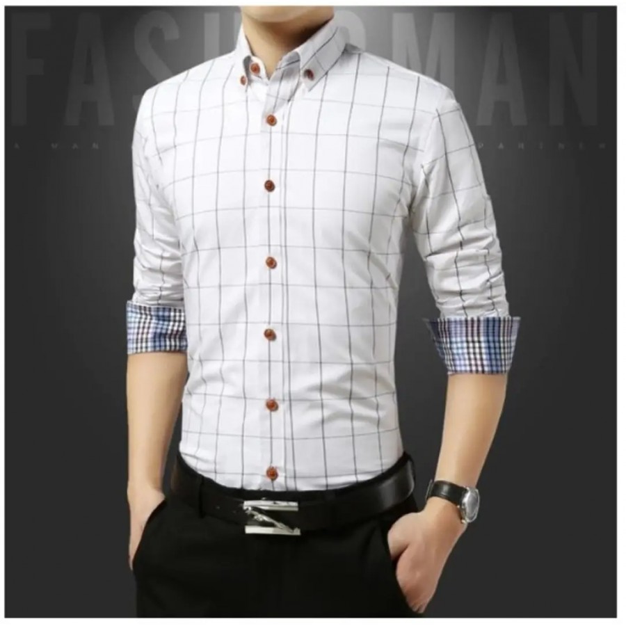 White Cotton Checked Casual Shirts For Men