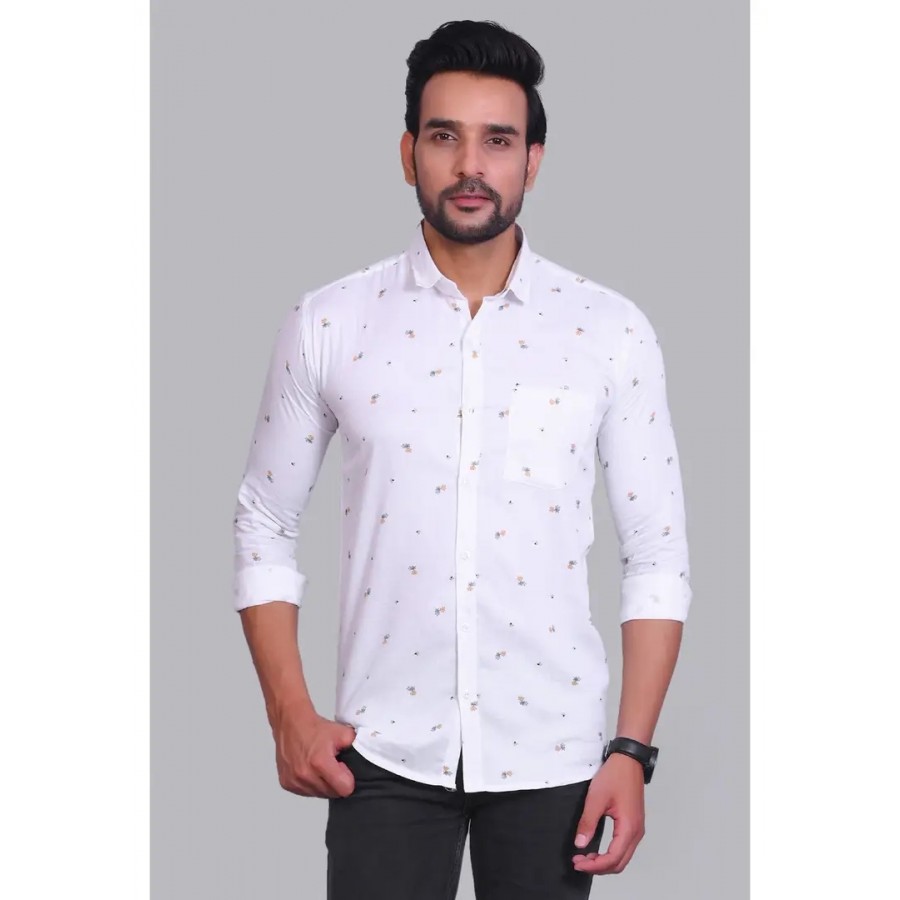 White Cotton Printed Casual Shirts For Men