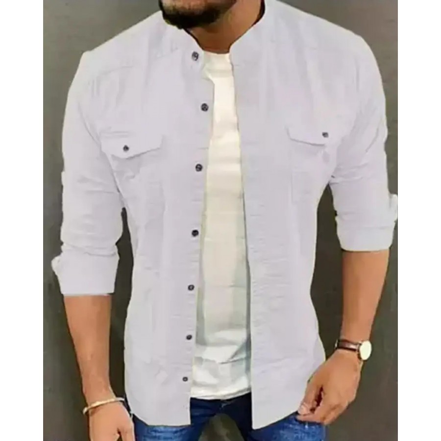 White Cotton Solid Casual Shirts For Men