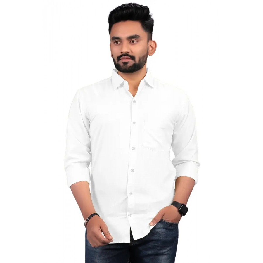 White Cotton Solid Casual Shirts For Men