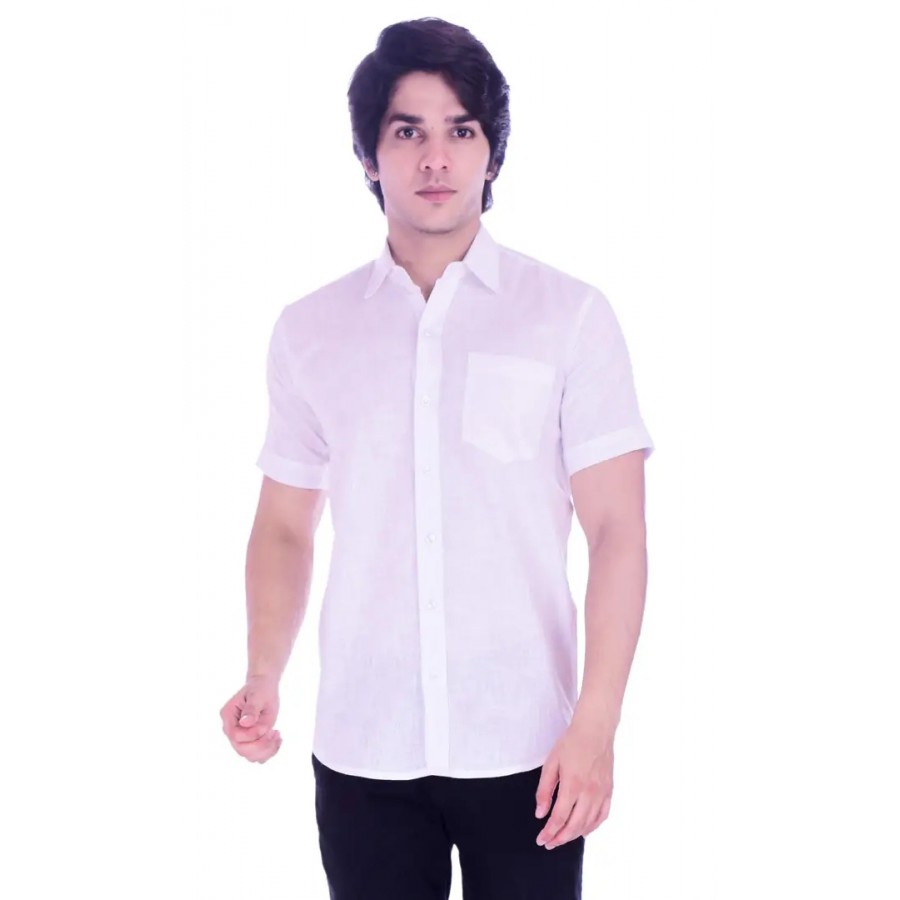 White Cotton Solid Casual Shirts For Men