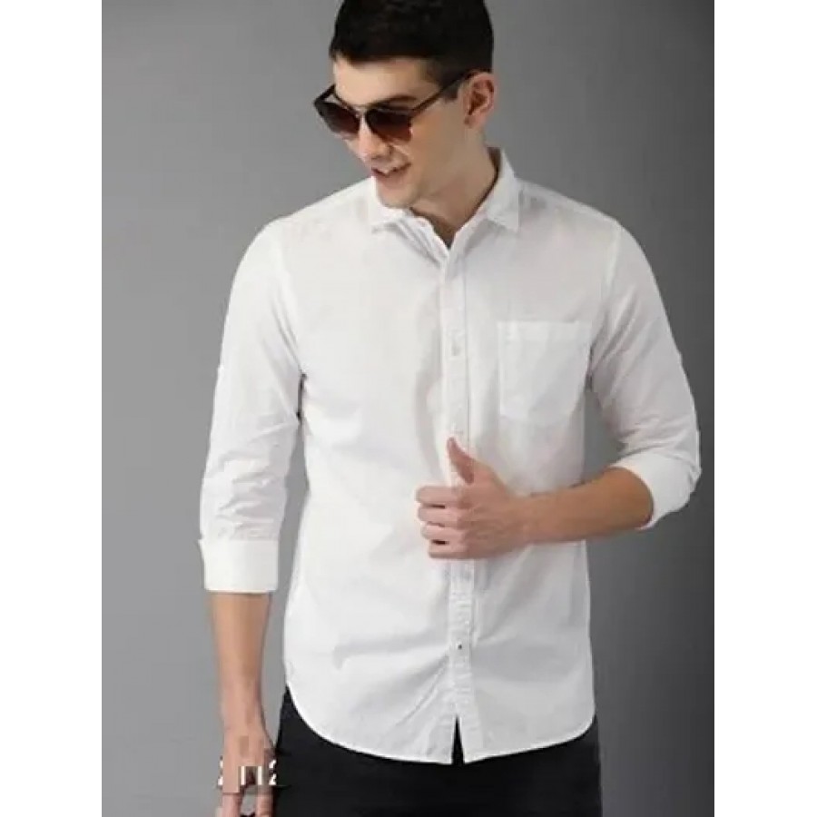 White Cotton Solid Casual Shirts For Men