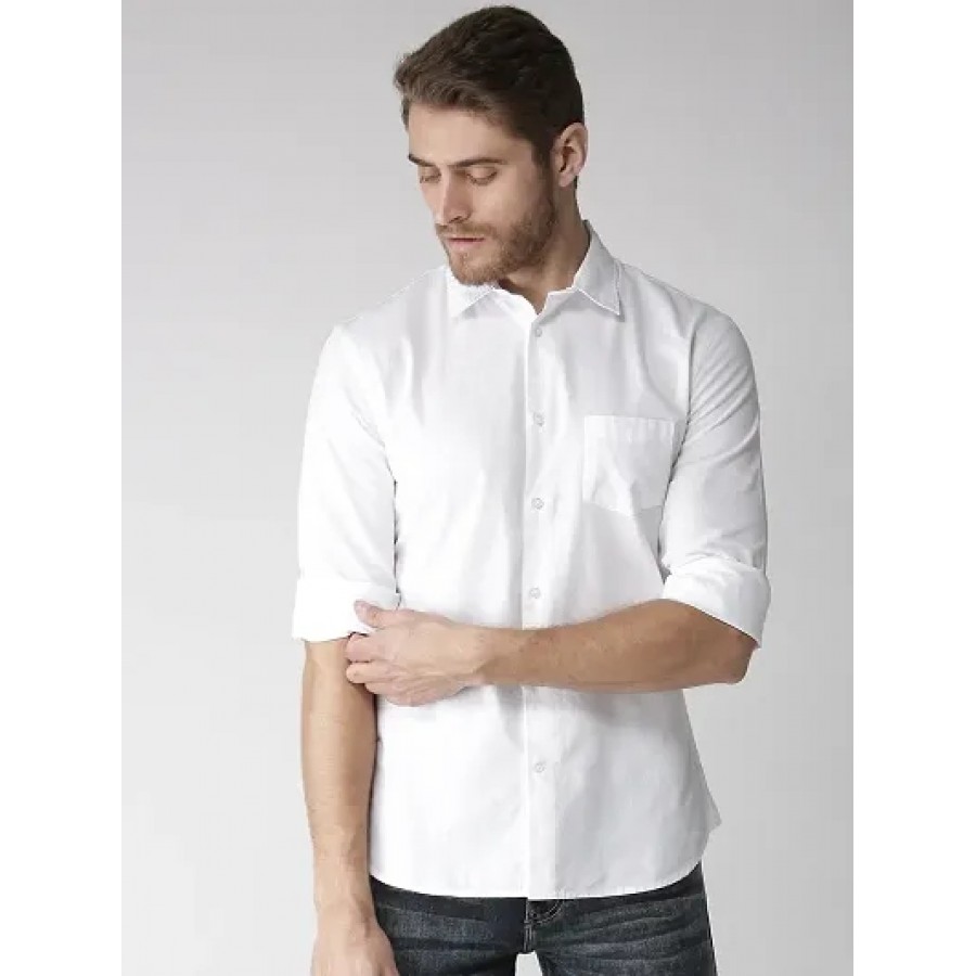 White Cotton Solid Casual Shirts For Men