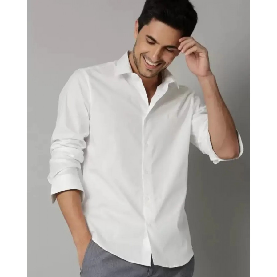 White Cotton Solid Casual Shirts For Men