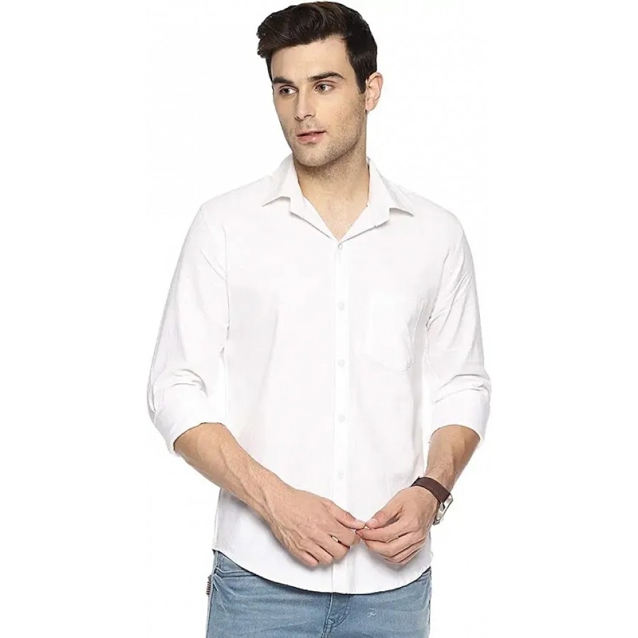 White Cotton Solid Casual Shirts For Men