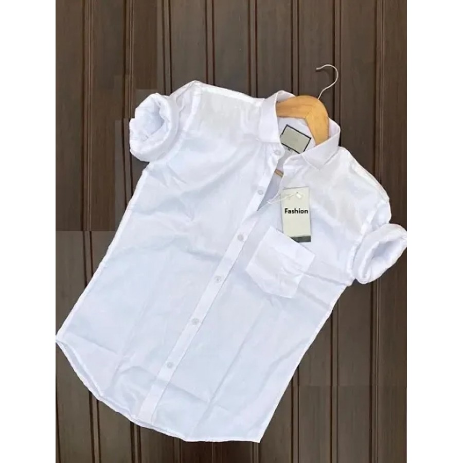 White Cotton Solid Casual Shirts For Men