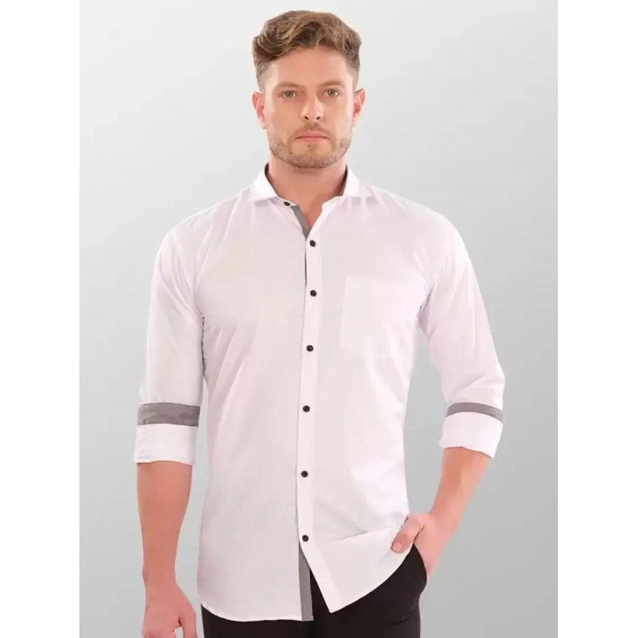 White Cotton Solid Casual Shirts For Men