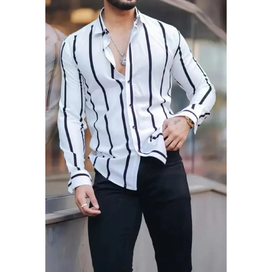 White Men Slim Fit Striped Casual Shirt Lycra