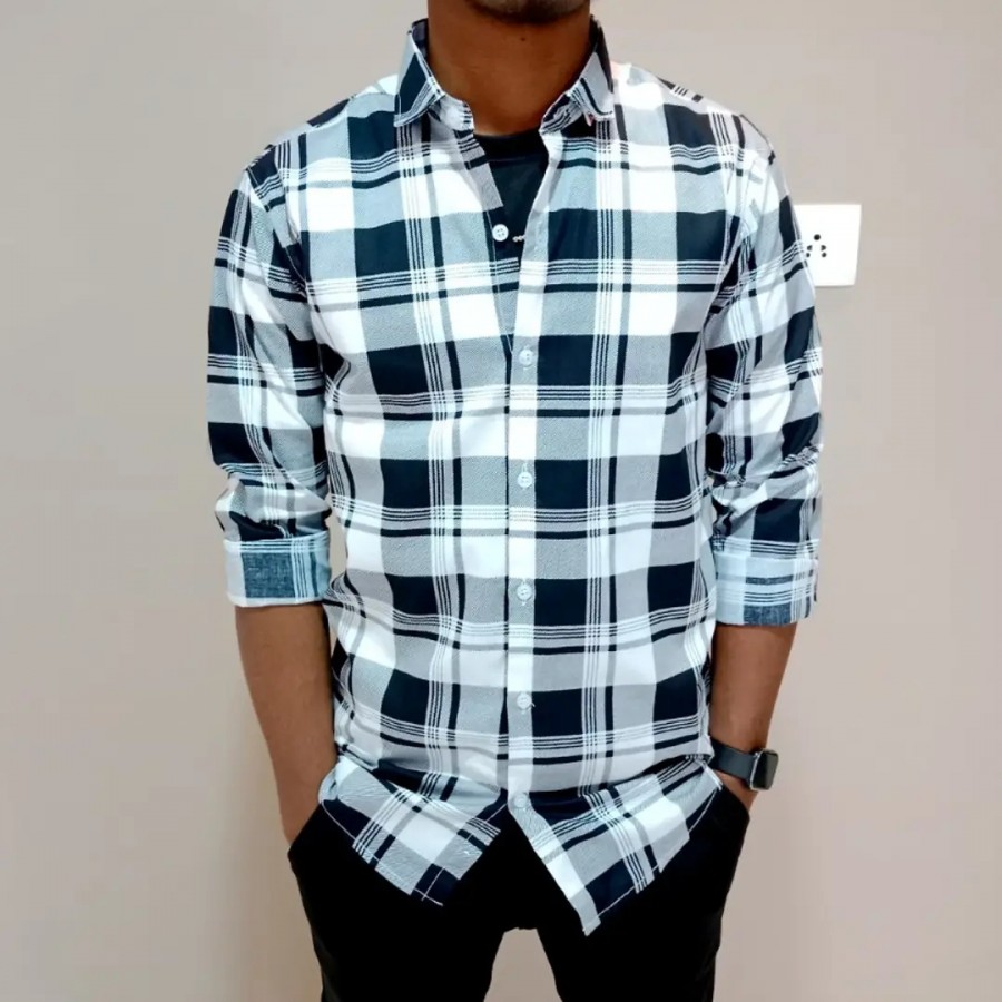 White Cotton Blend Checked Casual Shirts For Men