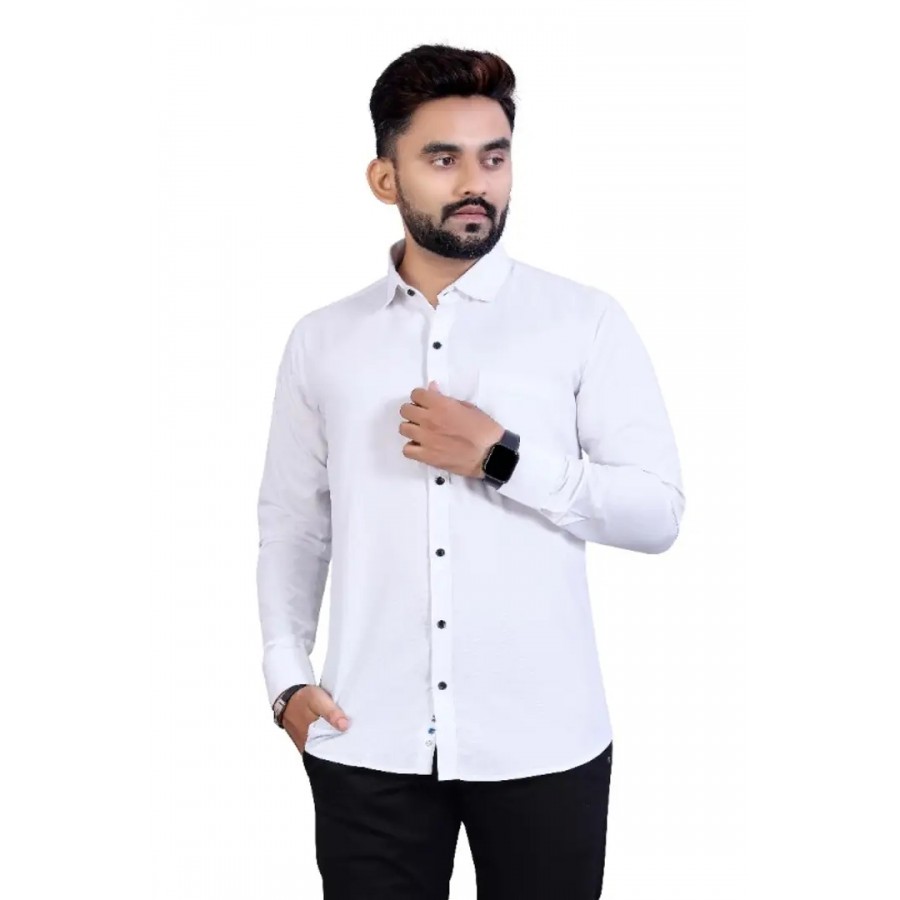 White Cotton Blend Solid Casual Shirts For Men