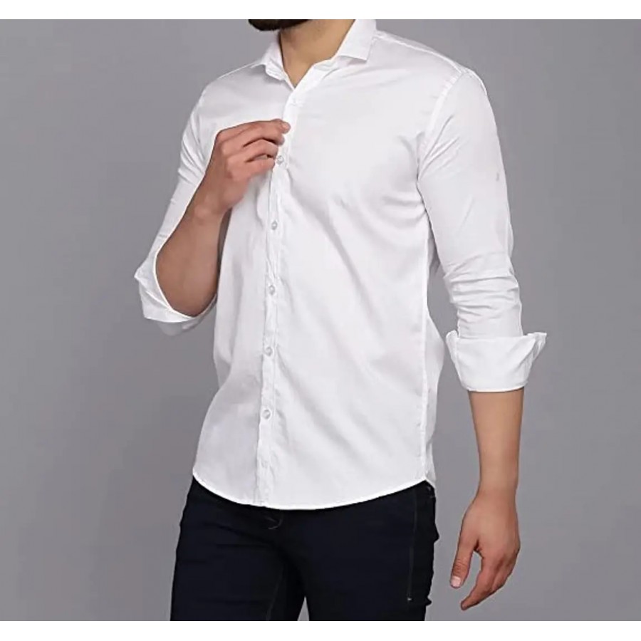 White Cotton Blend Solid Casual Shirts For Men