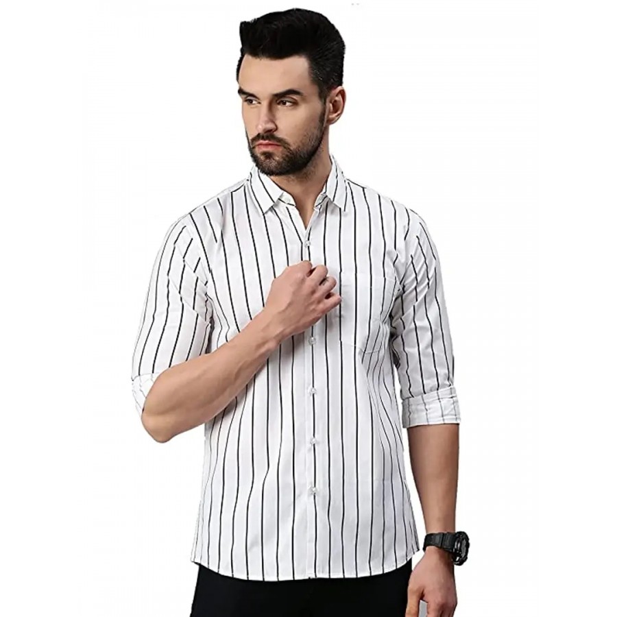 White Cotton Striped Casual Shirts For Men