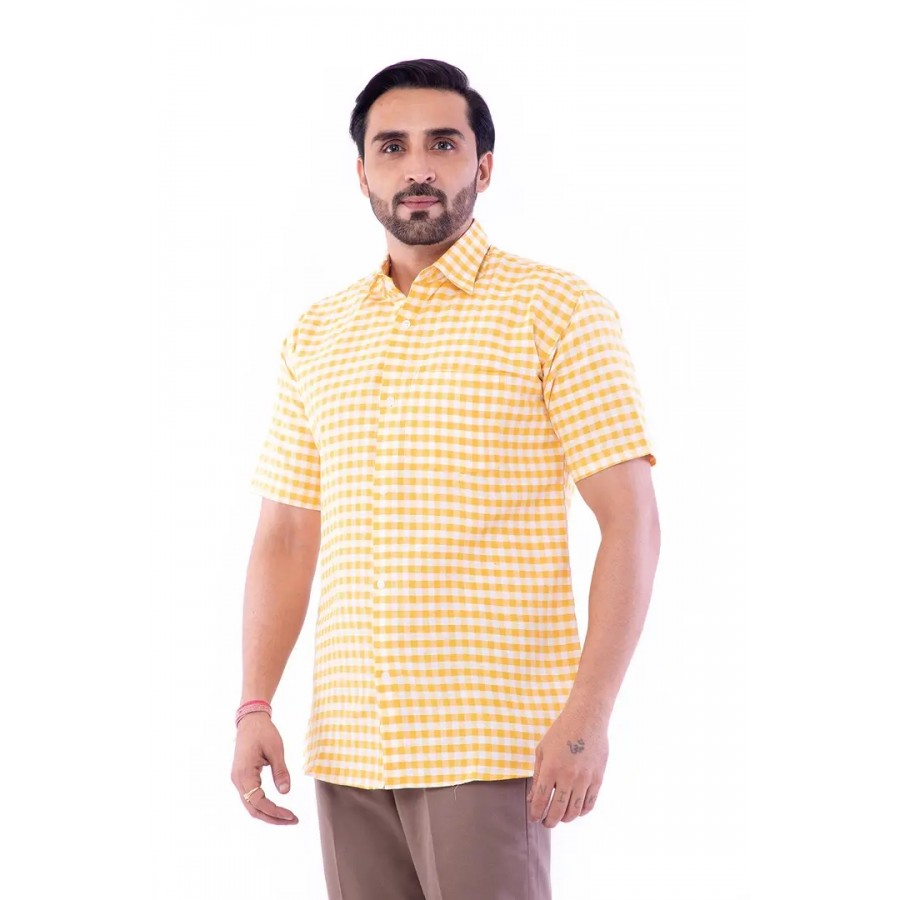 Yellow Cotton Regular Casual Shirts For Men