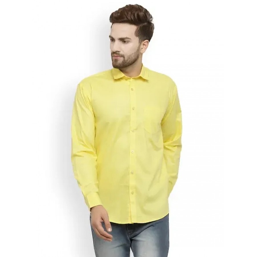 Yellow Cotton Solid Casual Shirts For Men