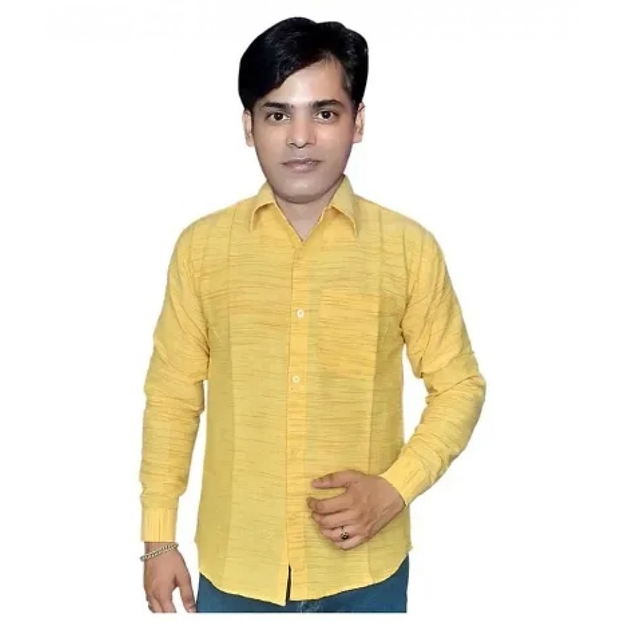 Yellow Cotton Solid Casual Shirts For Men