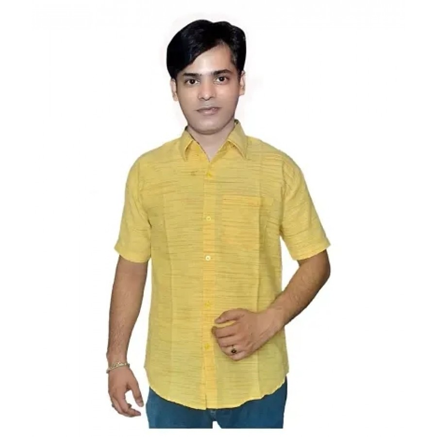 Yellow Cotton Solid Casual Shirts For Men