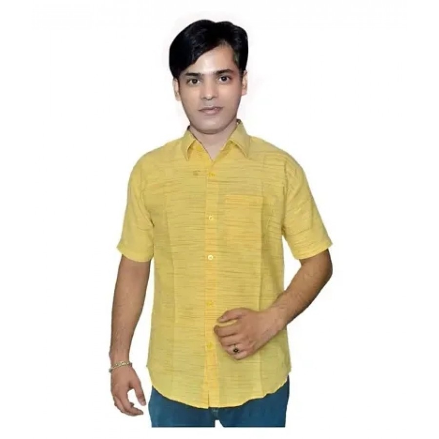 Yellow Cotton Textured Casual Shirts For Men