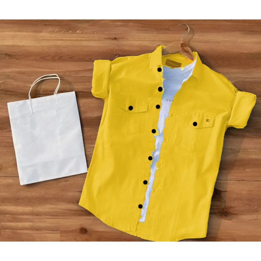 Yellow Cotton Solid Casual Shirts For Men