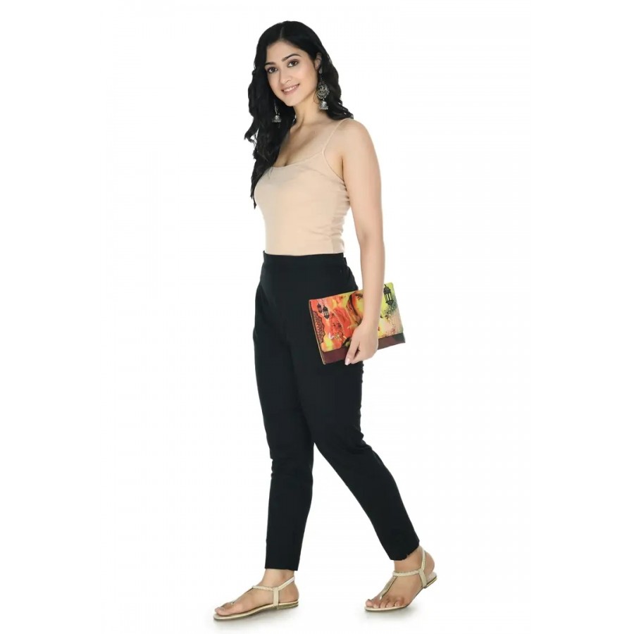 Stylish Cotton Black  Solid Slim Fit Elasticated Waist Ethnic Pant For Women